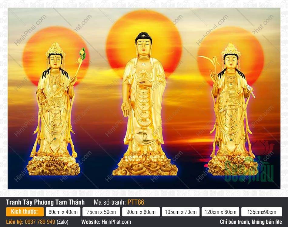Hình Tây Phương Tam Thánh PTT86 Hình Tây Phương Tam Thánh PTT86 ba pho tượng vàng trên nền hoàng hôn rực rỡ