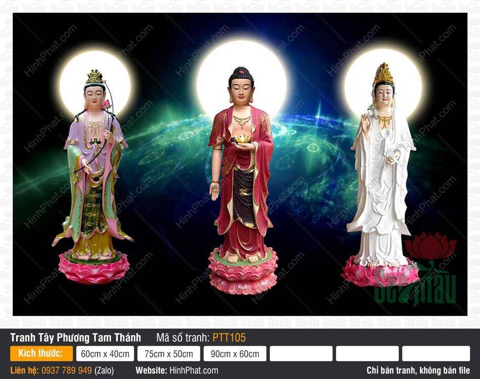 Hình Tây Phương Tam Thánh đẹp PTT105 Hình Tây Phương Tam Thánh đẹp PTT105 tôn tượng y phục đỏ trắng đứng đài sen hồng nền đen