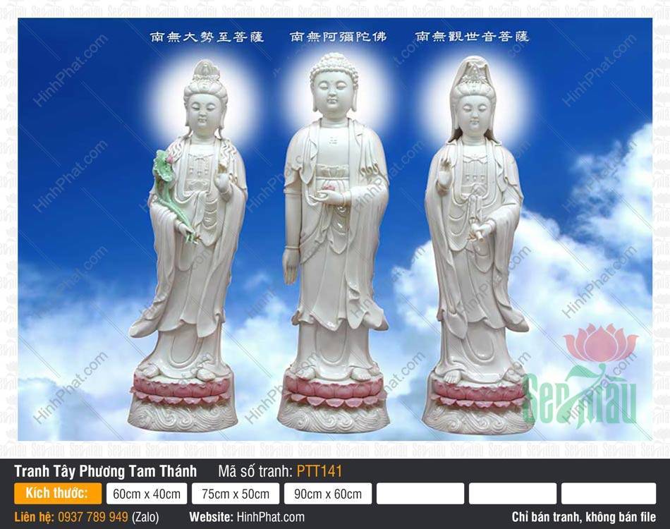 Hình Tây Phương Tam Thánh đẹp PTT141 Hình Tây Phương Tam Thánh đẹp PTT141 tôn tượng trắng đứng trên đài sen nền mây trời.