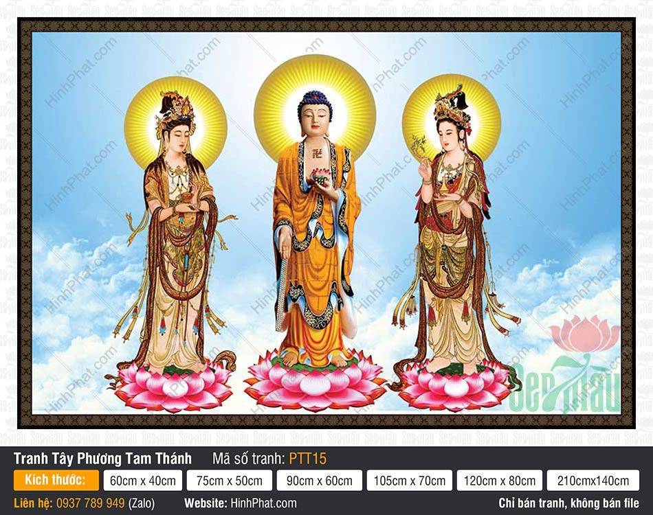 Hình Tây Phương Tam Thánh đẹp PTT15 Hình Tây Phương Tam Thánh đẹp PTT15 ba vị đứng trên đài sen giữa trời mây xanh