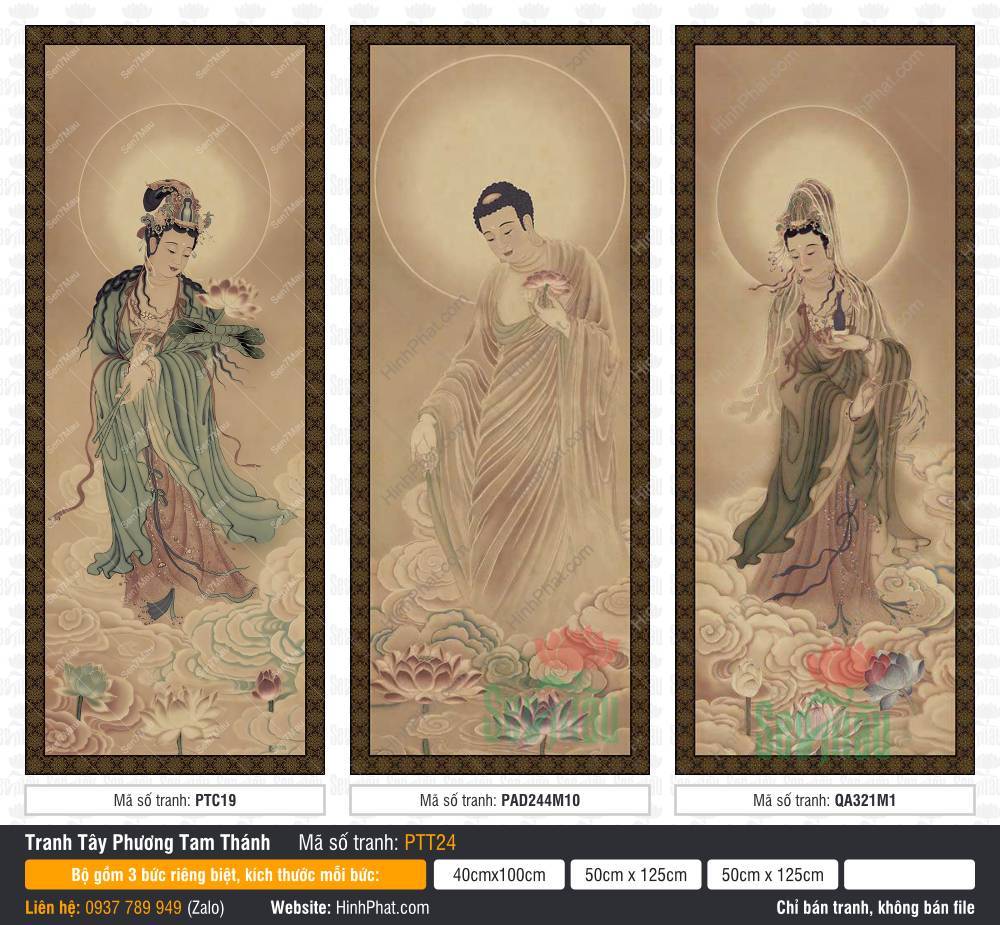Hình Tây Phương Tam Thánh đẹp PTT24 Hình Tây Phương Tam Thánh đẹp PTT24 bộ triptych ba vị đứng trên mây tông màu trầm cổ kính