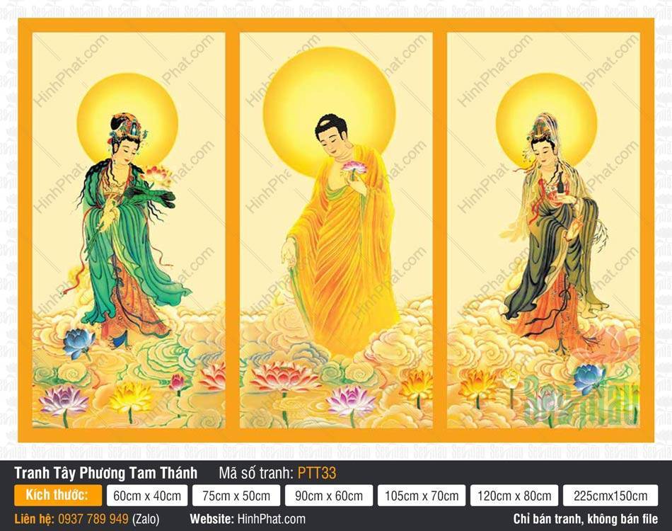 Hình Tây Phương Tam Thánh đẹp PTT33 Hình Tây Phương Tam Thánh đẹp PTT33 ba vị đứng trên đài sen giữa biển mây vàng rực rỡ