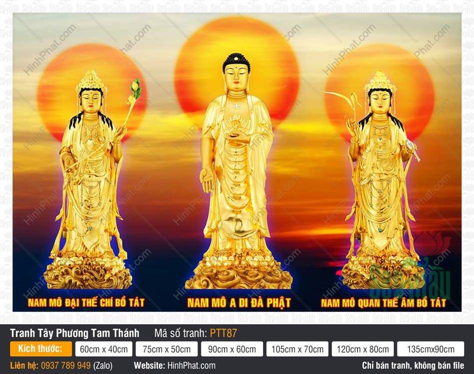 Hình Tây Phương Tam Thánh đẹp PTT87 Hình Tây Phương Tam Thánh đẹp PTT87 tượng vàng kim hoàng hôn
