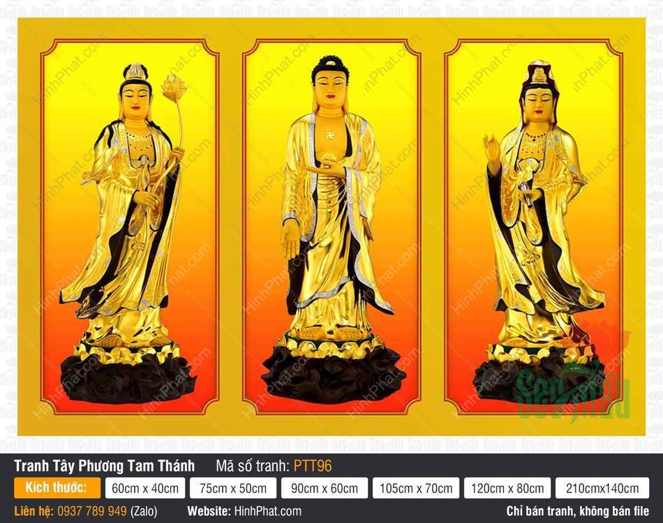 Hình Tây Phương Tam Thánh đẹp PTT96 Hình Tây Phương Tam Thánh đẹp PTT96 nổi bật với y phục vàng viền đen đứng đài sen