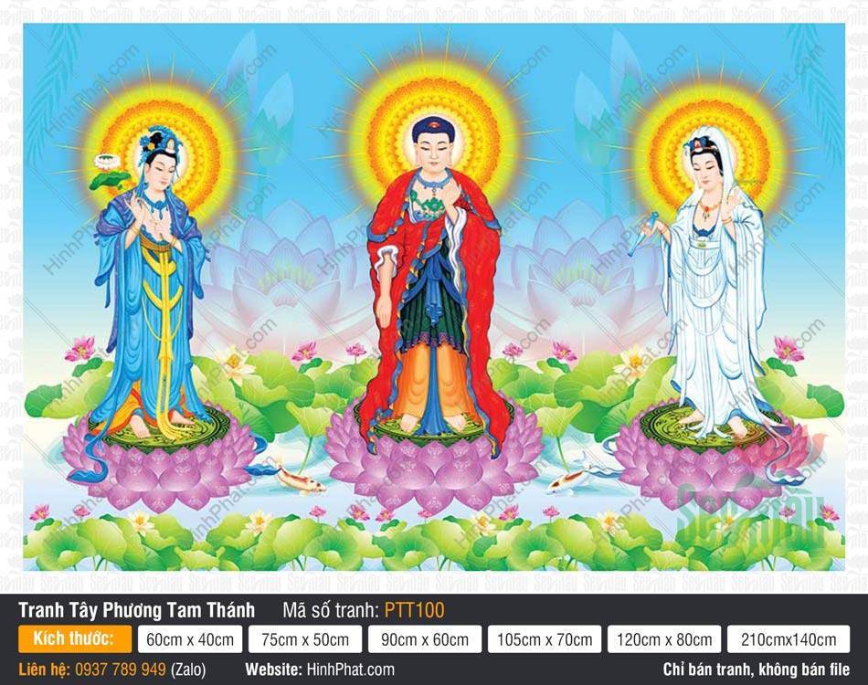 Hình Tây Phương Tam Thánh Khổ Lớn PTT100 Hình Tây Phương Tam Thánh Khổ Lớn PTT100 ngự trên đài sen mặt hồ