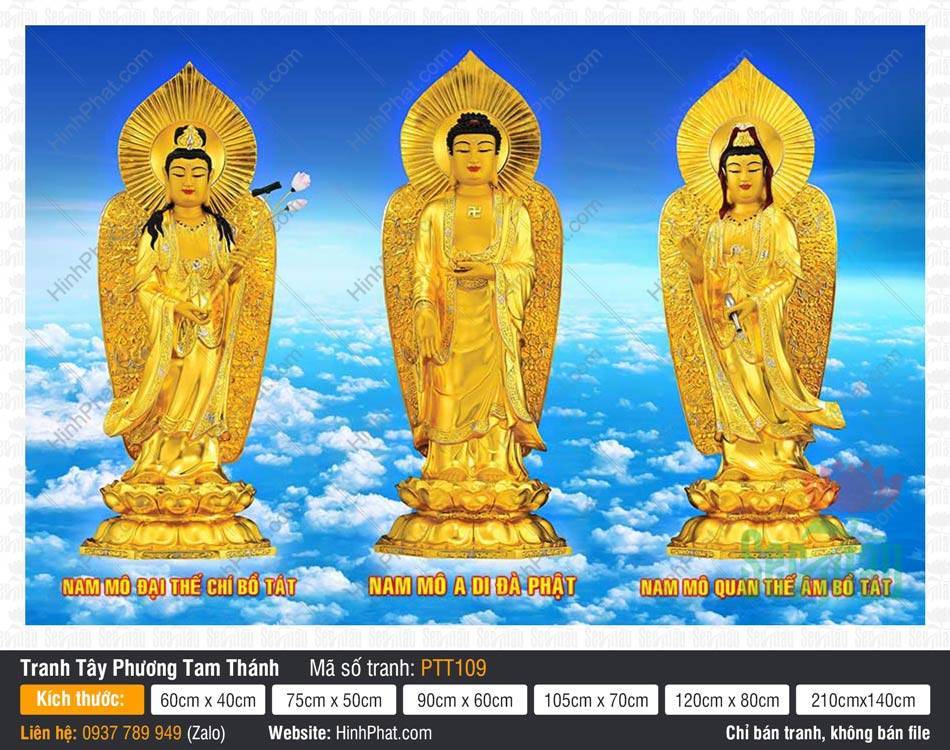 Hình Tây Phương Tam Thánh Khổ Lớn PTT109 Hình Tây Phương Tam Thánh Khổ Lớn PTT109 tôn tượng dát vàng ngự trên mây trời