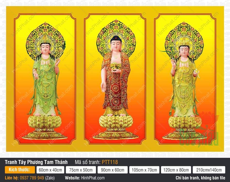 Hình Tây Phương Tam Thánh Khổ Lớn PTT118 Hình Tây Phương Tam Thánh Khổ Lớn PTT118 với ba vị đứng trên đài sen gấm đỏ rực rỡ