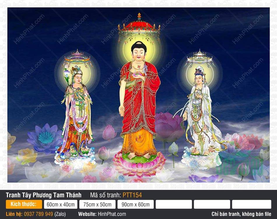 Hình Tây Phương Tam Thánh Khổ Lớn PTT154 Hình Tây Phương Tam Thánh Khổ Lớn PTT154 ngự trên đài sen giữa nền xanh