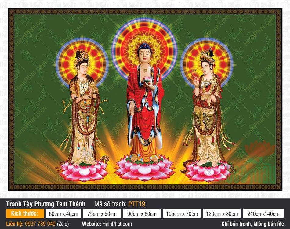 Hình Tây Phương Tam Thánh Khổ Lớn PTT19 Hình Tây Phương Tam Thánh Khổ Lớn PTT19 ngự tòa sen hồng với hào quang rực rỡ và nền lá trúc