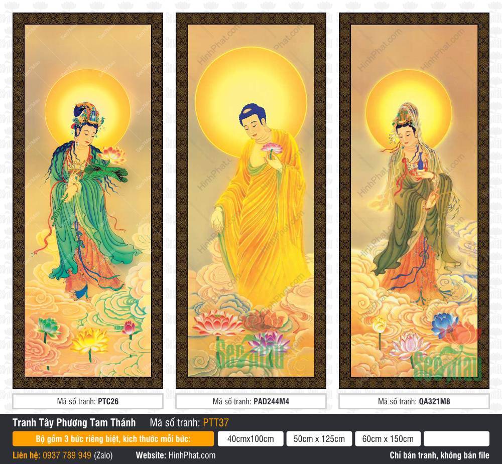 Hình Tây Phương Tam Thánh Khổ Lớn PTT37 Hình Tây Phương Tam Thánh Khổ Lớn PTT37 với ba vị thánh ngự đài sen giữa nền mây vàng và hào quang rạng ngời