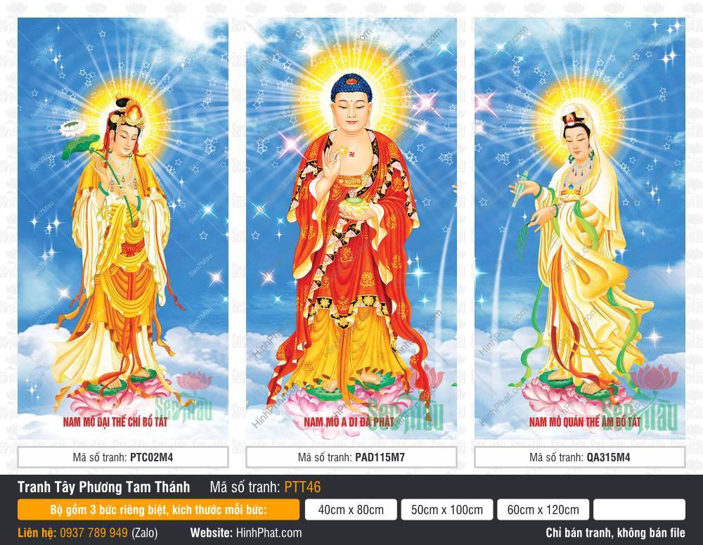 Hình Tây Phương Tam Thánh Khổ Lớn PTT46 Hình Tây Phương Tam Thánh Khổ Lớn PTT46 chư Phật đứng trên đài sen nền trời xanh
