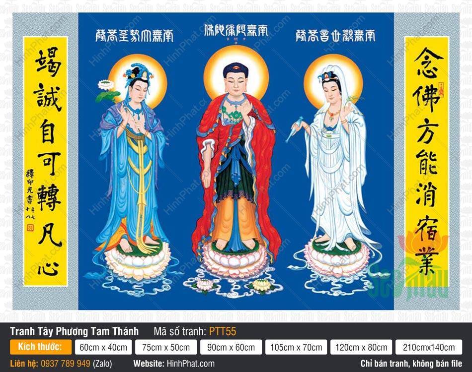 Hình Tây Phương Tam Thánh Khổ Lớn PTT55 Hình Tây Phương Tam Thánh Khổ Lớn PTT55 nền xanh chữ Hán