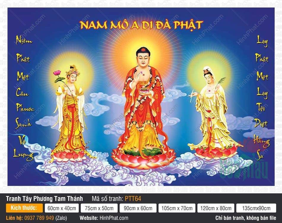 Hình Tây Phương Tam Thánh Khổ Lớn PTT64 Hình Tây Phương Tam Thánh Khổ Lớn PTT64 nền xanh câu đối chữ Việt
