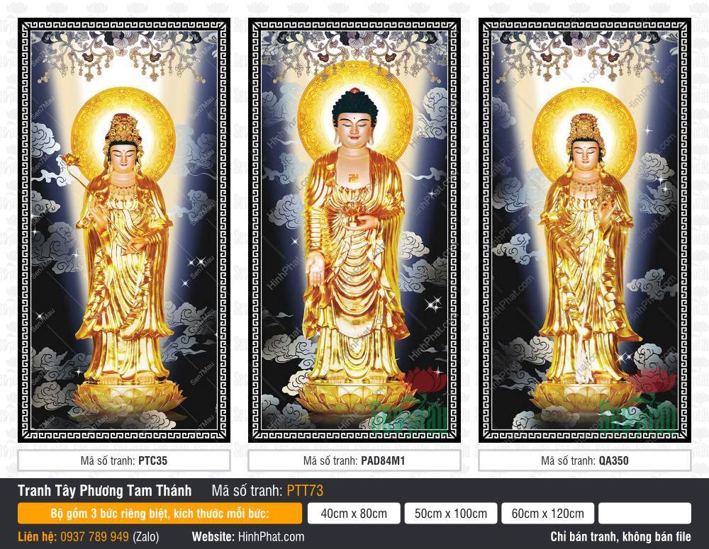 Hình Tây Phương Tam Thánh Khổ Lớn PTT73 Hình Tây Phương Tam Thánh Khổ Lớn PTT73 thiết kế bộ ba bức rời với khung viền hoa văn