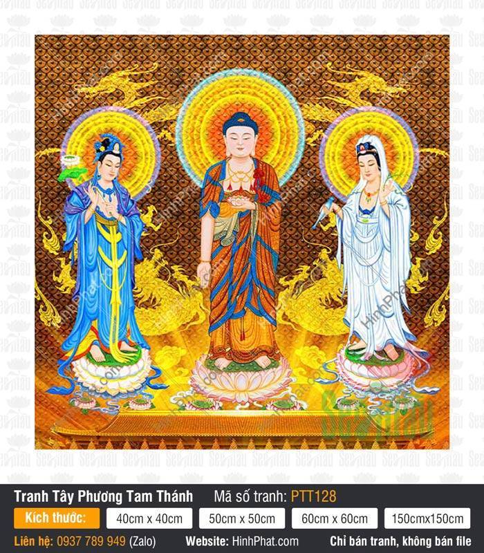 Hình Tây Phương Tam Thánh kích thước lớn PTT128 Hình Tây Phương Tam Thánh kích thước lớn PTT128 Phật đứng đài sen nền rồng vàng