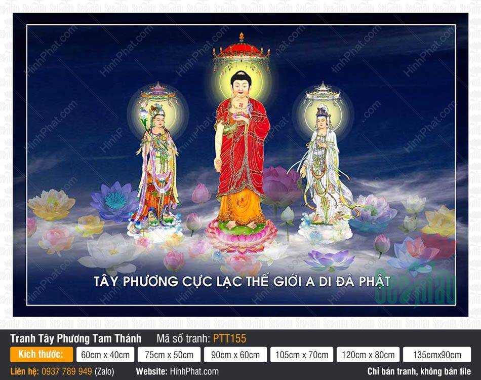 Hình Tây Phương Tam Thánh kích thước lớn PTT155 Ba tôn tượng đứng trên đài sen trong Hình Tây Phương Tam Thánh kích thước lớn PTT155