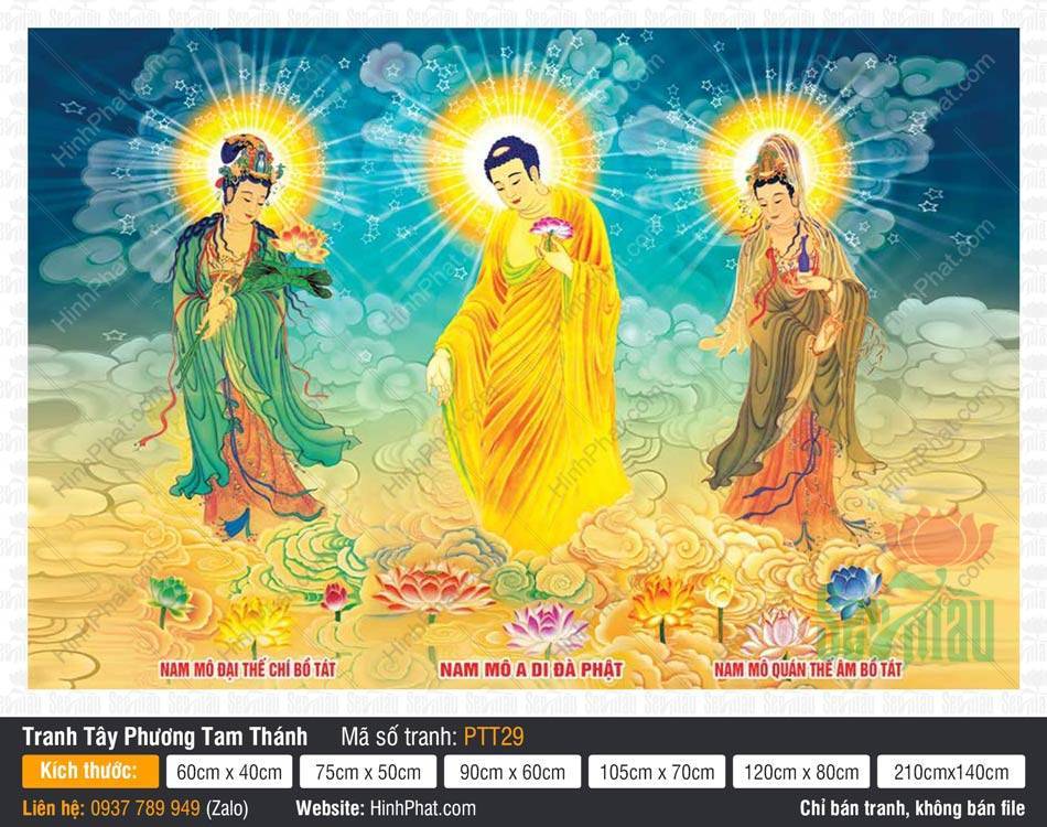 Hình Tây Phương Tam Thánh kích thước lớn PTT29 Hình Tây Phương Tam Thánh kích thước lớn PTT29 với Đức Phật A Di Đà ngự trên đài sen vàng