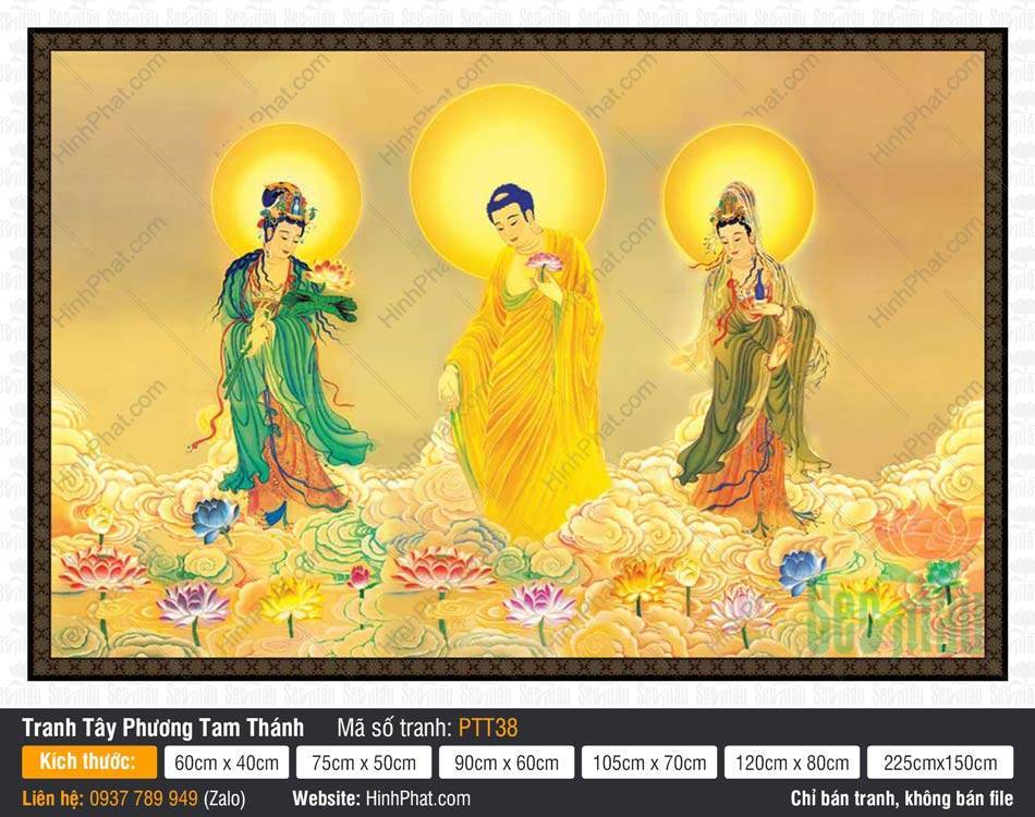 Hình Tây Phương Tam Thánh kích thước lớn PTT38 Hình Tây Phương Tam Thánh kích thước lớn PTT38 khắc họa ba vị tôn tượng đứng trên đài sen giữa ngàn mây vàng rực rỡ