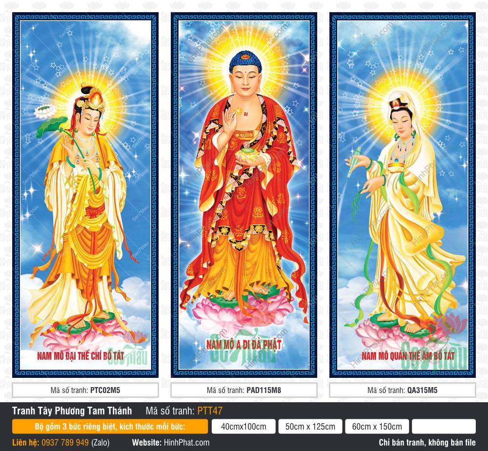 Hình Tây Phương Tam Thánh kích thước lớn PTT47 Hình Tây Phương Tam Thánh kích thước lớn PTT47 ba vị đứng trên đài sen nền trời xanh