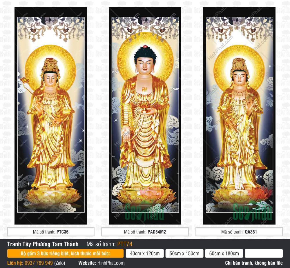 Hình Tây Phương Tam Thánh kích thước lớn PTT74 Hình Tây Phương Tam Thánh kích thước lớn bộ 3 bức y phục vàng kim