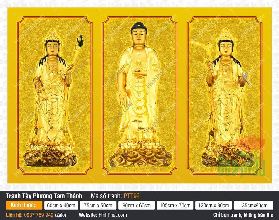 Hình Tây Phương Tam Thánh kích thước lớn PTT92 Hình Tây Phương Tam Thánh kích thước lớn PTT92 dạng tượng vàng đứng trên đài sen