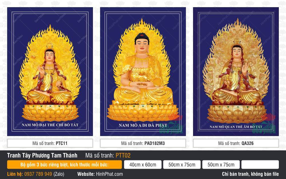 Tây Phương Tam Thánh PTT02 Tây Phương Tam Thánh PTT02 với Đức Phật A Di Đà và hai vị Đại Bồ Tát tọa đài sen vàng