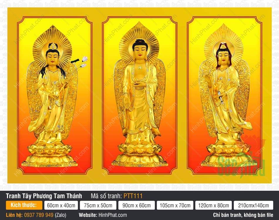 Tây Phương Tam Thánh PTT111 Tây Phương Tam Thánh PTT111 khắc họa ba vị đứng trên đài sen vàng hào quang tỏa rạng rực rỡ