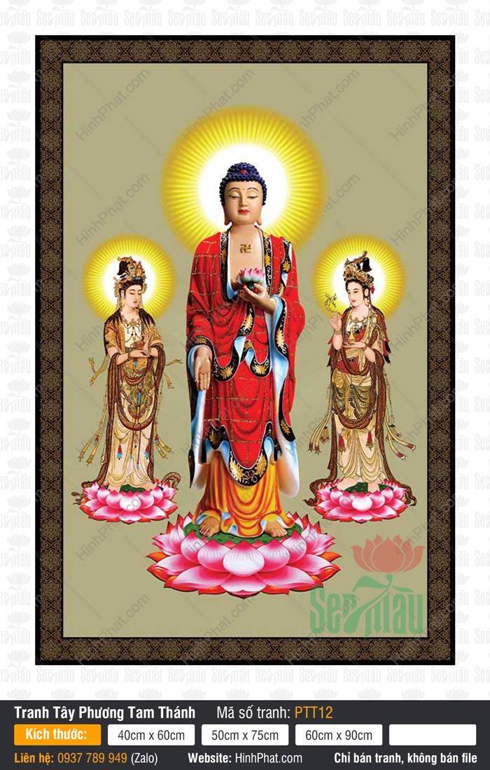 Tây Phương Tam Thánh PTT12 Tây Phương Tam Thánh PTT12 ba vị đứng trên đài sen hồng rực giữa hào quang vàng rực rỡ