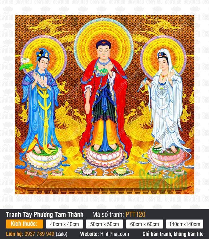 Tây Phương Tam Thánh PTT120 Tây Phương Tam Thánh PTT120 tôn tượng đứng trên đài sen trắng với y phục đỏ xanh rực rỡ