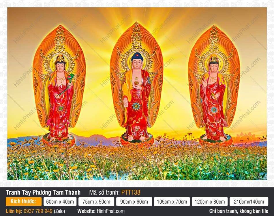 Tranh Tây Phương Tam Thánh PTT138 Tây Phương Tam Thánh ngự đài sen giữa đồng hoa rực rỡ