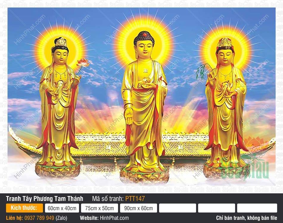 Tây Phương Tam Thánh PTT147 Tây Phương Tam Thánh PTT147 mô tả ba Đức Phật đứng trên đài sen vàng rực rỡ hào quang