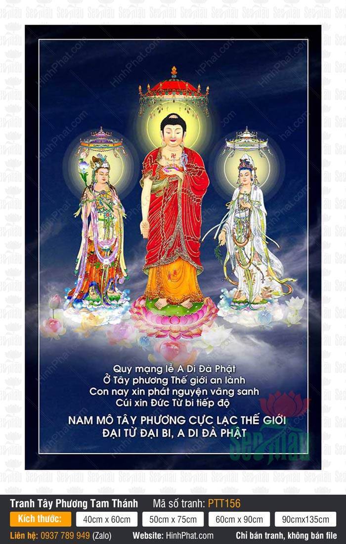 Tây Phương Tam Thánh PTT156 Tây Phương Tam Thánh PTT156 ba Ngài đứng trên đài sen rực rỡ nền đen