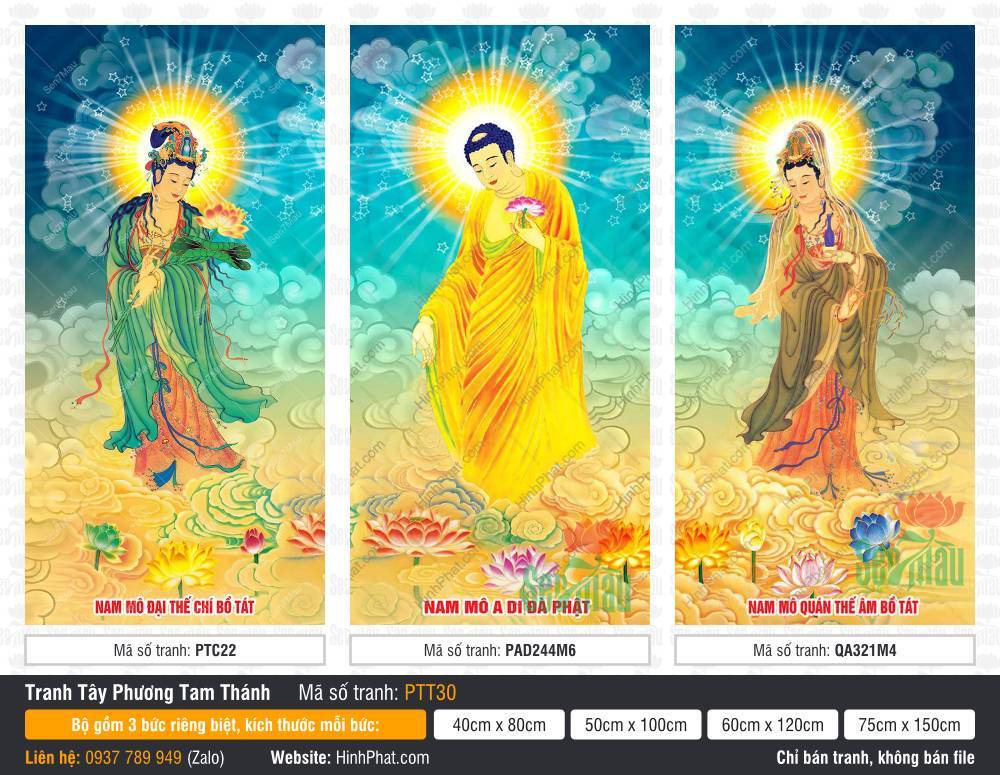 Tây Phương Tam Thánh PTT30 Hình Tây Phương Tam Thánh PTT30 ba vị tôn tượng đứng trên đài sen giữa nền mây xanh rực rỡ