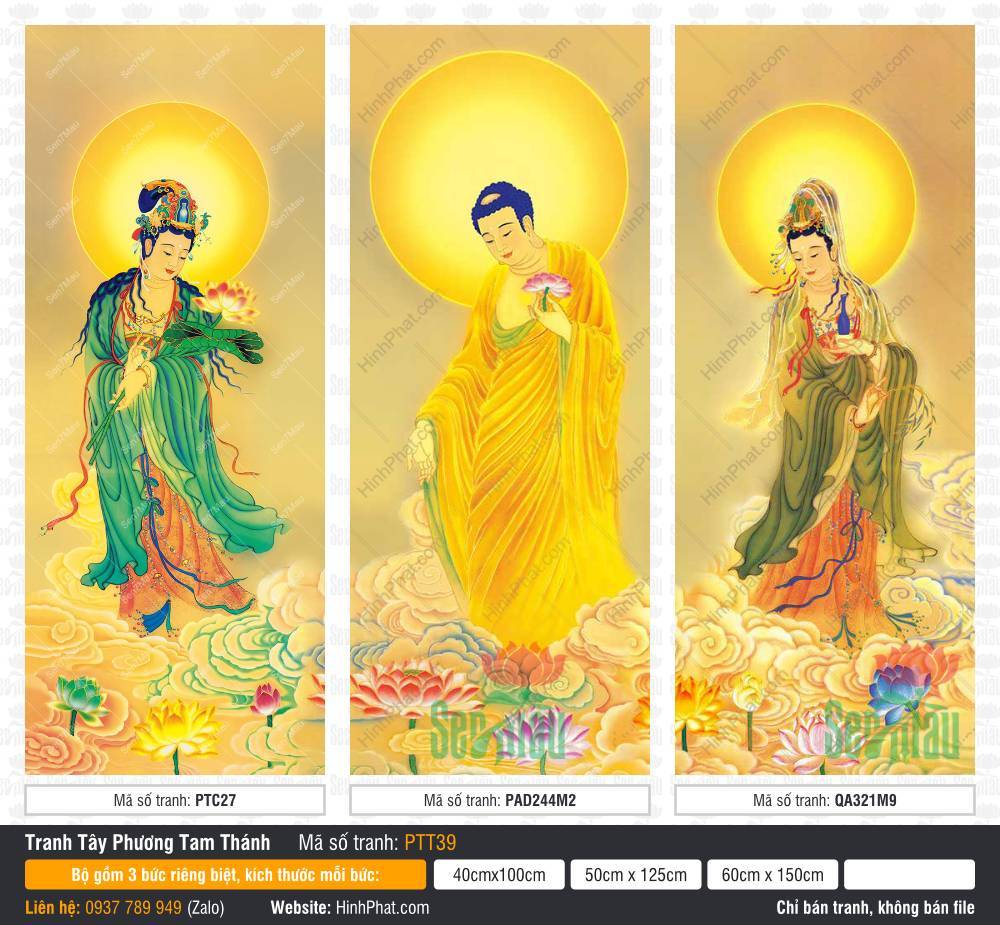 Tây Phương Tam Thánh PTT39 Bộ tranh Tây Phương Tam Thánh PTT39 ba vị đứng trên đài sen mây vàng kim trang nghiêm