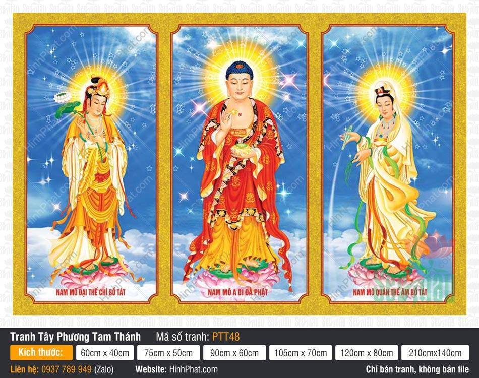 Tây Phương Tam Thánh PTT48 Tranh Tây Phương Tam Thánh PTT48 thiết kế khung viền vàng chia ba tấm