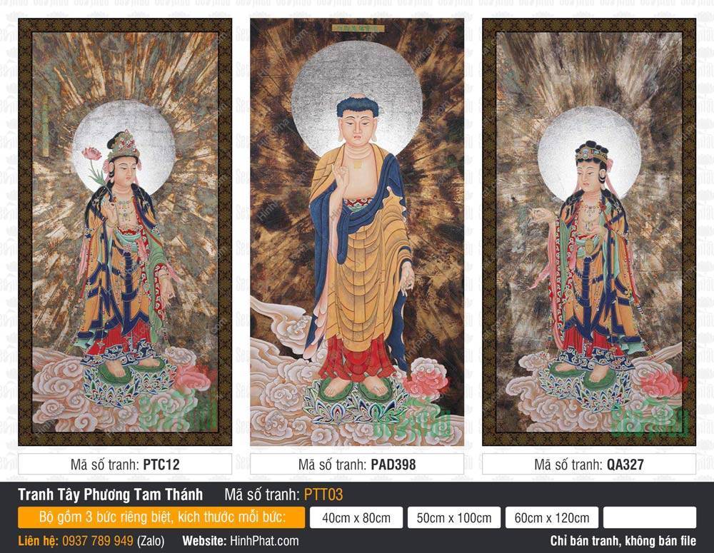 Tây Phương Tam Thánh Đẹp PTT03 Tây Phương Tam Thánh Đẹp PTT03 ba vị đứng trên đài sen giữa hào quang vàng rực rỡ