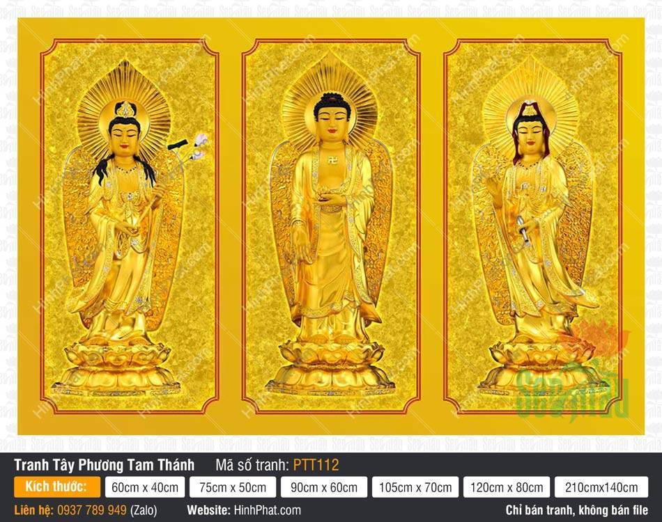 Tây Phương Tam Thánh Đẹp PTT112 Tây Phương Tam Thánh Đẹp PTT112 với ba vị tôn tượng đứng trên đài sen vàng hào quang rực rỡ