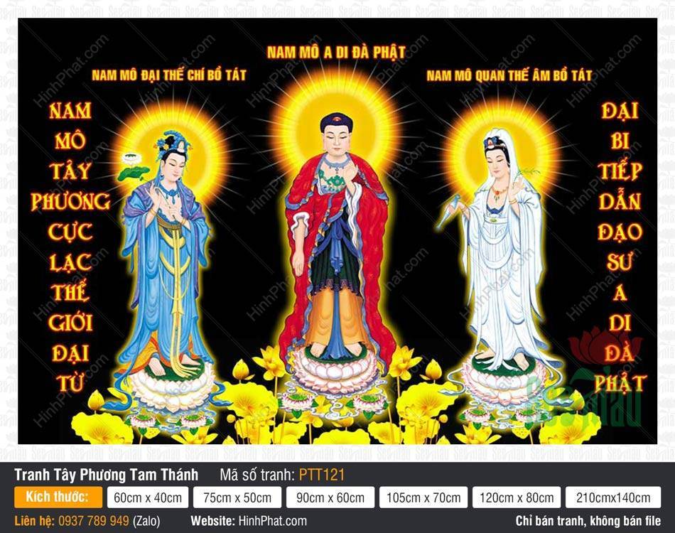 Tây Phương Tam Thánh Đẹp PTT121 Hình Tây Phương Tam Thánh Đẹp PTT121 với Phật A Di Đà áo đỏ ngự sen vàng