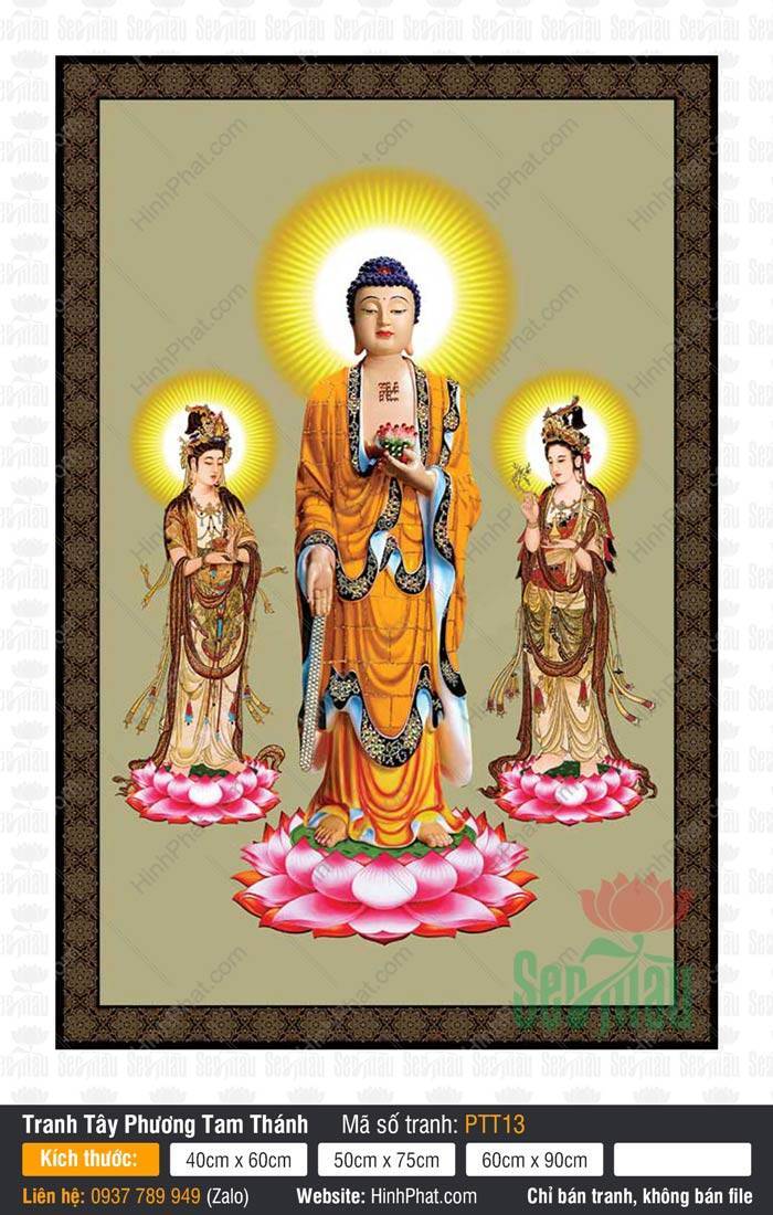 Tây Phương Tam Thánh Đẹp PTT13 Tây Phương Tam Thánh Đẹp PTT13 mô tả ba vị tôn tượng đứng trên đài sen hồng rực hào quang