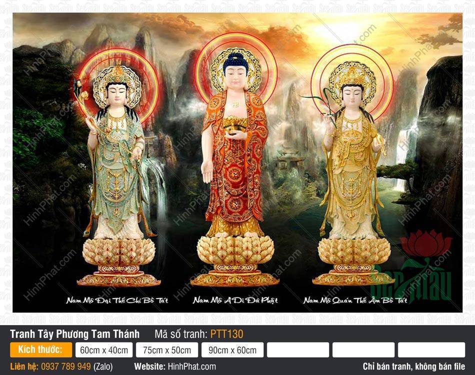 Tây Phương Tam Thánh Đẹp PTT130 Tây Phương Tam Thánh Đẹp PTT130 khắc họa ba Đức Phật đứng trên đài sen giữa núi thác hùng vĩ