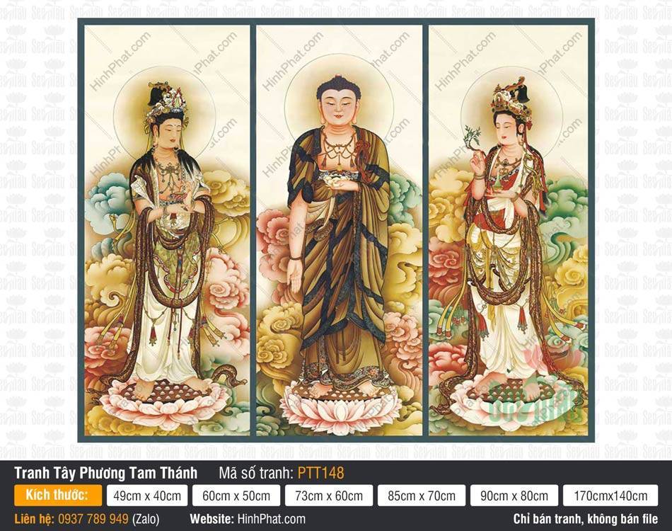 Tây Phương Tam Thánh Đẹp PTT148 Tây Phương Tam Thánh Đẹp PTT148 đứng trên đài sen nền hoa mẫu đơn trang nghiêm