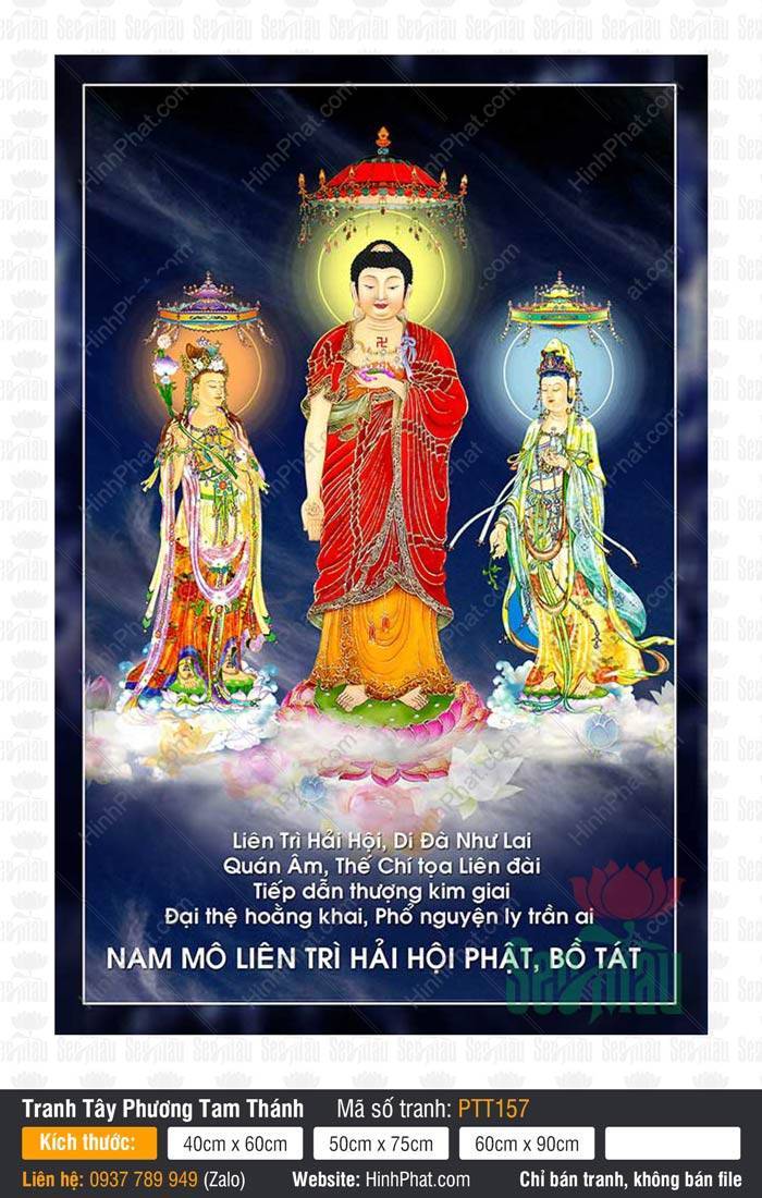 Tây Phương Tam Thánh Đẹp PTT157 Tây Phương Tam Thánh Đẹp PTT157 mô tả ba vị tôn tượng đứng trang nghiêm trên đài sen báu rực rỡ