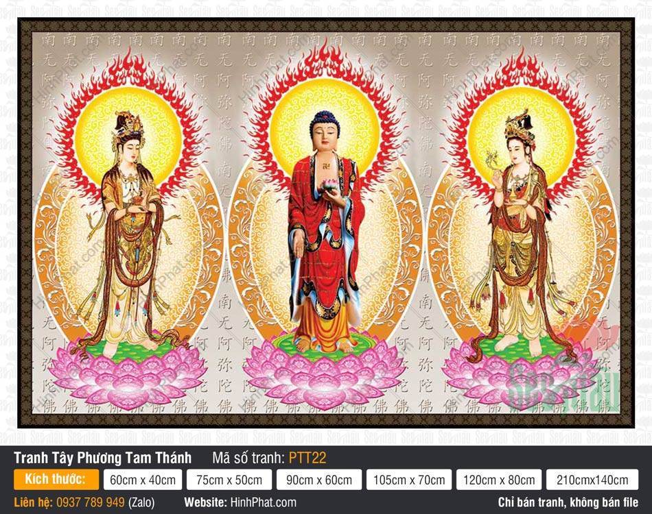 Tây Phương Tam Thánh Đẹp PTT22 Tây Phương Tam Thánh Đẹp PTT22 khắc họa ba Đức Phật đứng trên đài sen tỏa hào quang đỏ rực