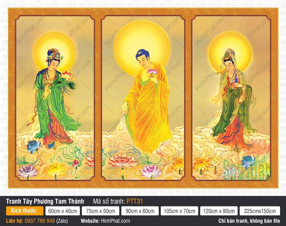 Tây Phương Tam Thánh Đẹp PTT31 Tây Phương Tam Thánh Đẹp PTT31 khắc họa ba vị thánh đứng trên đài sen giữa nền mây vàng rực rỡ