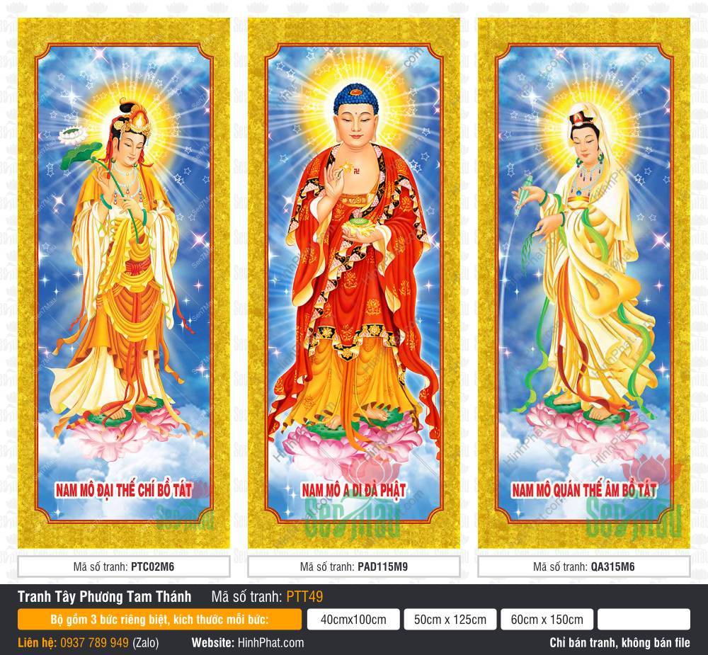 Tây Phương Tam Thánh Đẹp PTT49 Tây Phương Tam Thánh Đẹp PTT49 chư Phật đứng trên đài sen khung viền vàng lấp lánh