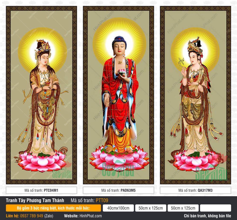 Tây Phương Tam Thánh Khổ Lớn PTT09 Tây Phương Tam Thánh Khổ Lớn PTT09 ba vị đứng đài sen hồng hào quang vàng tỏa rạng uy nghiêm