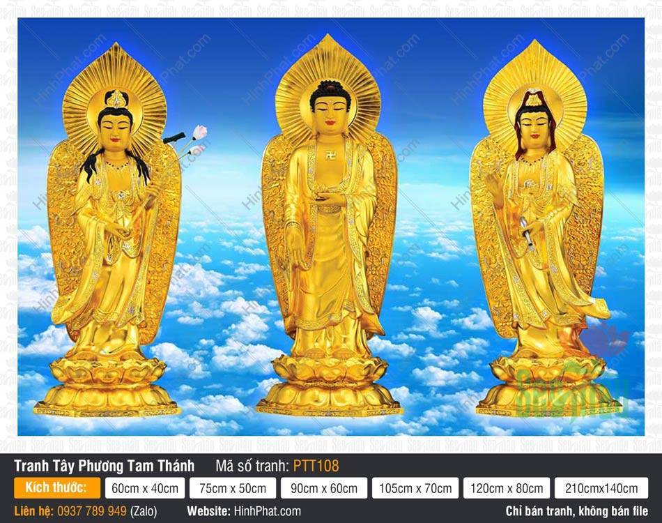 Tây Phương Tam Thánh Khổ Lớn PTT108 Tây Phương Tam Thánh Khổ Lớn PTT108 tôn tượng vàng đứng trên đài sen nền trời mây xanh
