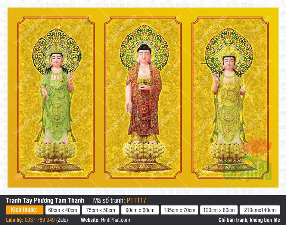 Tây Phương Tam Thánh Khổ Lớn PTT117 Tôn tượng Tây Phương Tam Thánh Khổ Lớn PTT117 đứng trên đài sen với y phục đỏ xanh rực rỡ giữa hào quang hoa văn