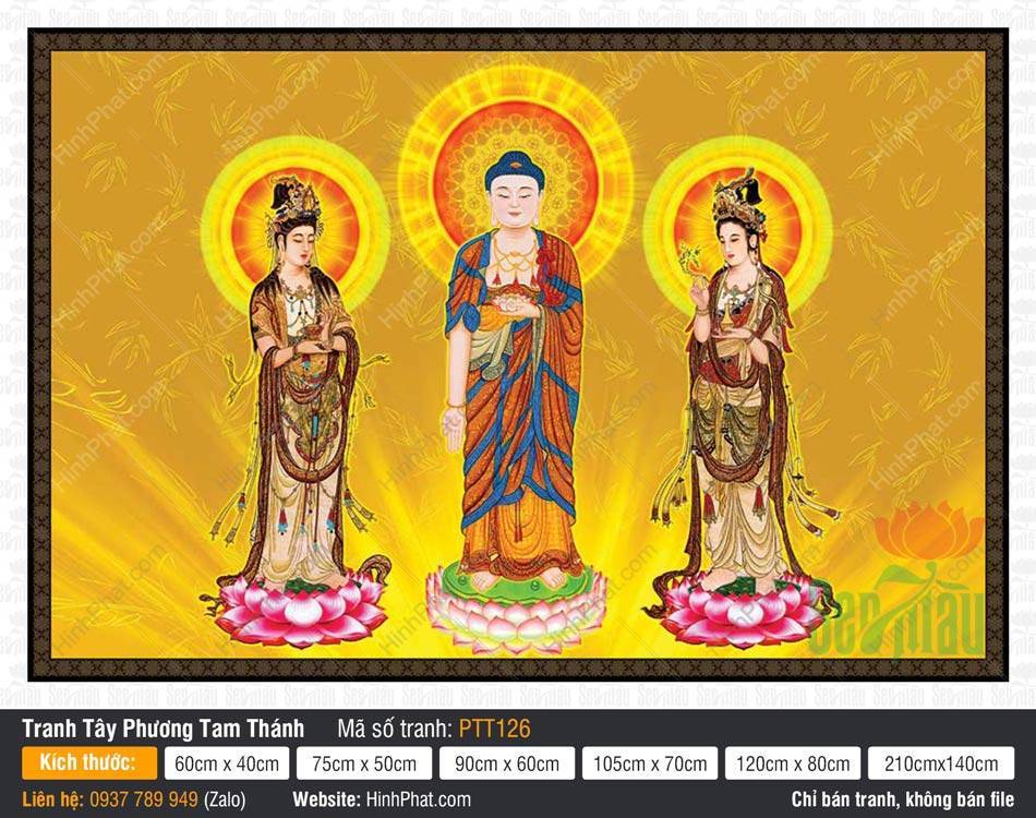Tây Phương Tam Thánh Khổ Lớn PTT126 Tây Phương Tam Thánh Khổ Lớn PTT126 mô tả ba Ngài đứng trên đài sen giữa hào quang vàng rực rỡ