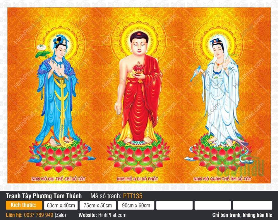 Tây Phương Tam Thánh Khổ Lớn PTT135 Tây Phương Tam Thánh Khổ Lớn PTT135 ba vị đứng đài sen trên nền vàng họa tiết